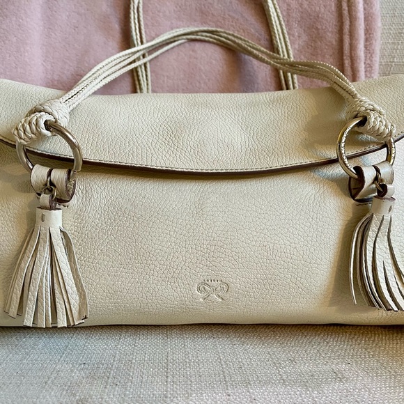 Anya Hindmarch Ivory Tassle Pebbled Leather Shoulder Bag